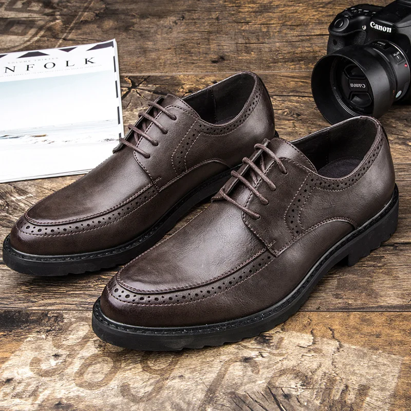

Men Shoes Genuine Leather Dress Work Shoes Retro Business Formal Derby Shoes Round Toe Lace-up Men Brogues