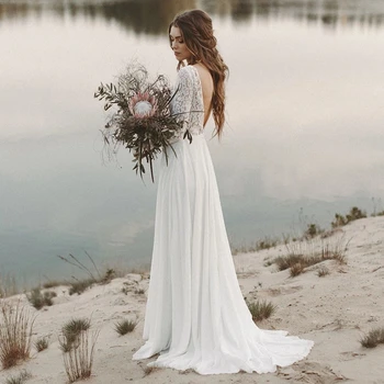 

Lace Long Sleeve Boho Pre Wedding Shoot Dress Beach A Line Backless Customized Bridesmaid Gowns Factory 2021 New Spring #3049