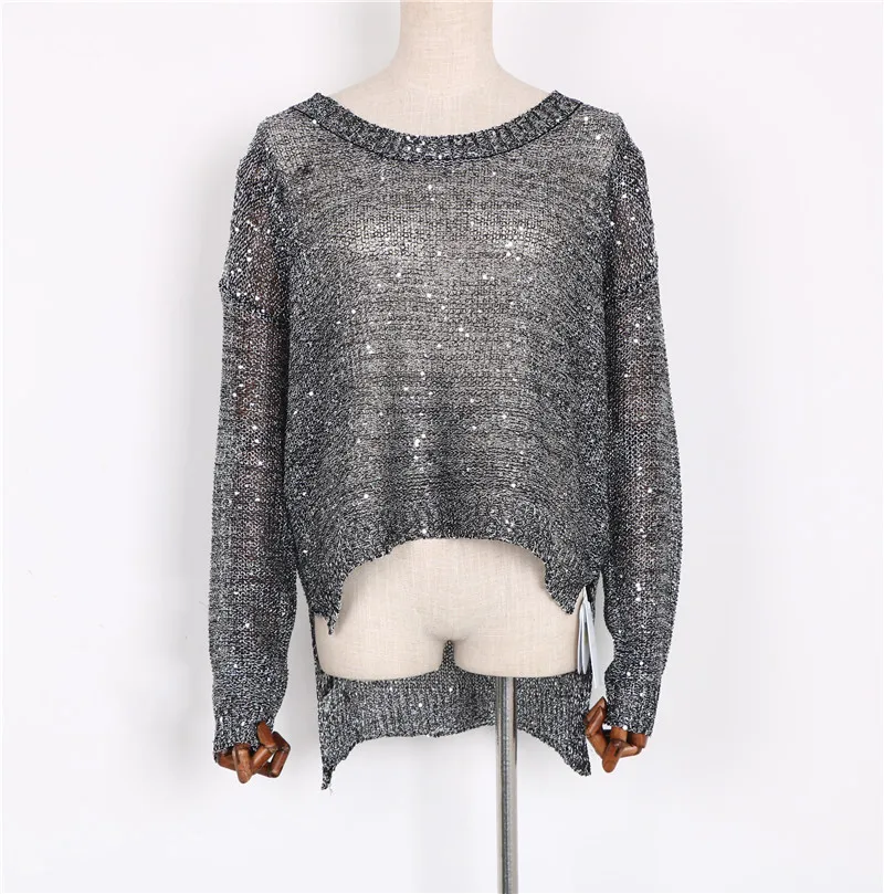 Aluonlineshop, серебряный свитер с блестками, женский осенний Новый стиль, свободный, корейский стиль, тонкий свитер, модный