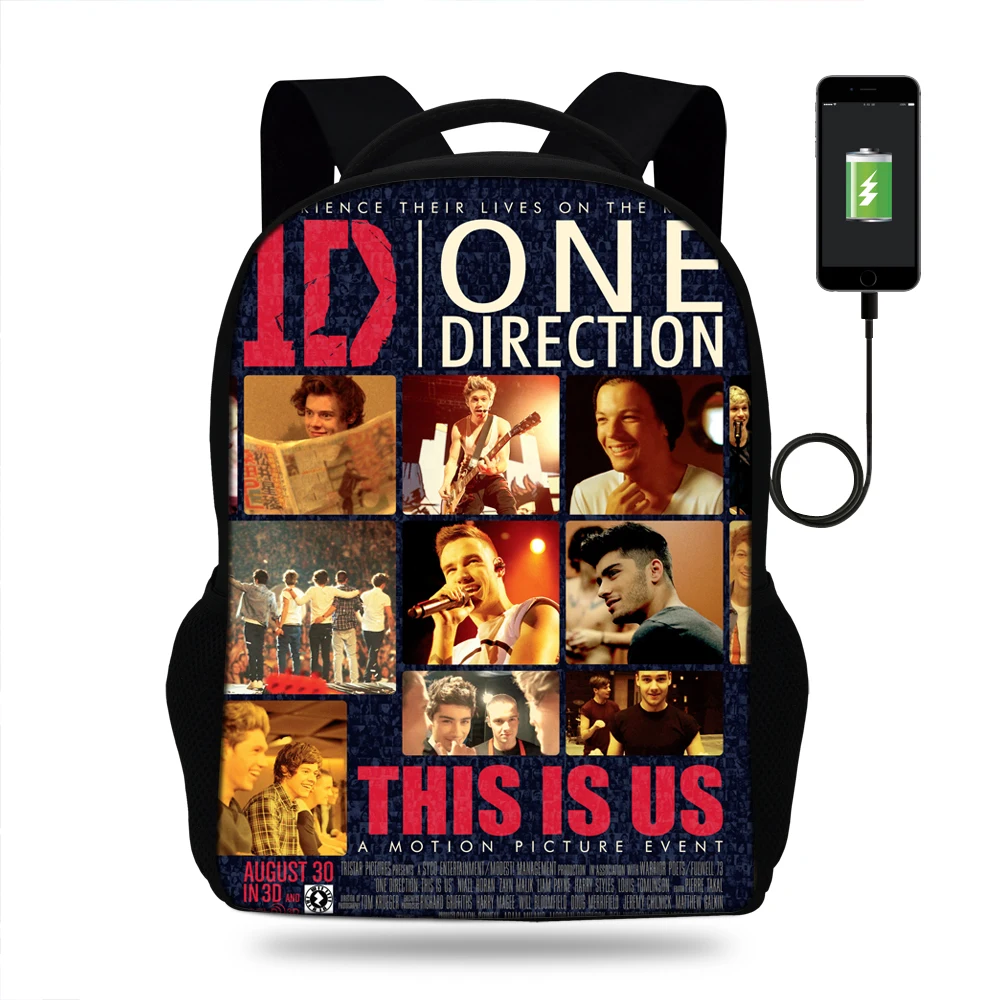 Классный принт usb зарядка Рюкзак для ноутбука ноутбук одно направление 1D дорожный рюкзак для подростков мальчиков девочек