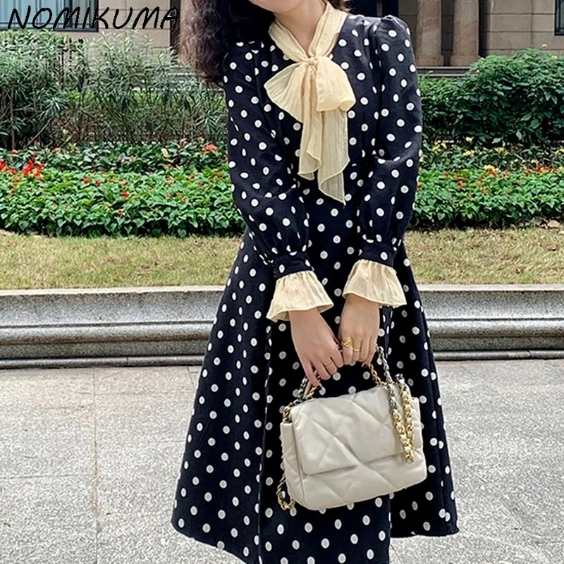 Nomikuma корейское платье в горошек женское с длинным рукавом и галстуком-бабочкой