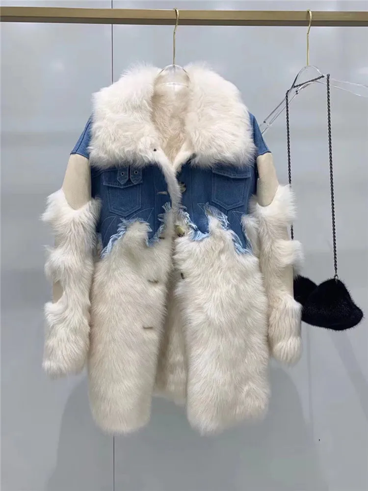 Двустороннее Женское пальто из натуральной овечьей кожи, шерстяная куртка с мехом, лоскутное джинсовое зимнее пальто для женщин - Цвет: Бежевый