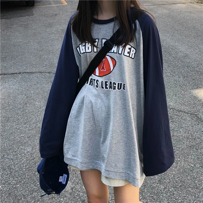 Модная футболка Femme осенние женские топы с длинными рукавами Harajuku винтажные лоскутные Футболки женские свободные футболки