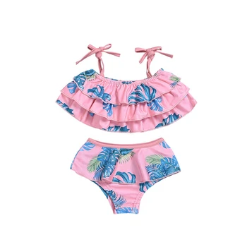 

Toddler baby Girls swimsuit Infant two pieces sling off shoulder print swimwear+Ruffles shorts set Beach swimming clothes A40