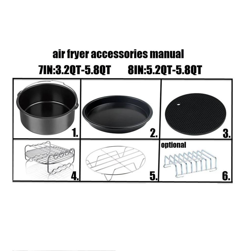 8Pcs Professional Air Fryer Set Chips Accessories Baking Basket Pizza Pan Home Kitchen Cookware Tools