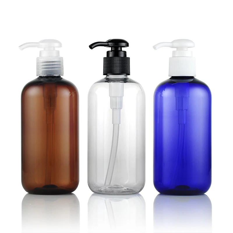 

250ml Brown/blue Plastic Shampoo Bottle, Dispening Pump Cap,Empty Cream Container,Refillable Lotion Bottle,9oz PET Jar