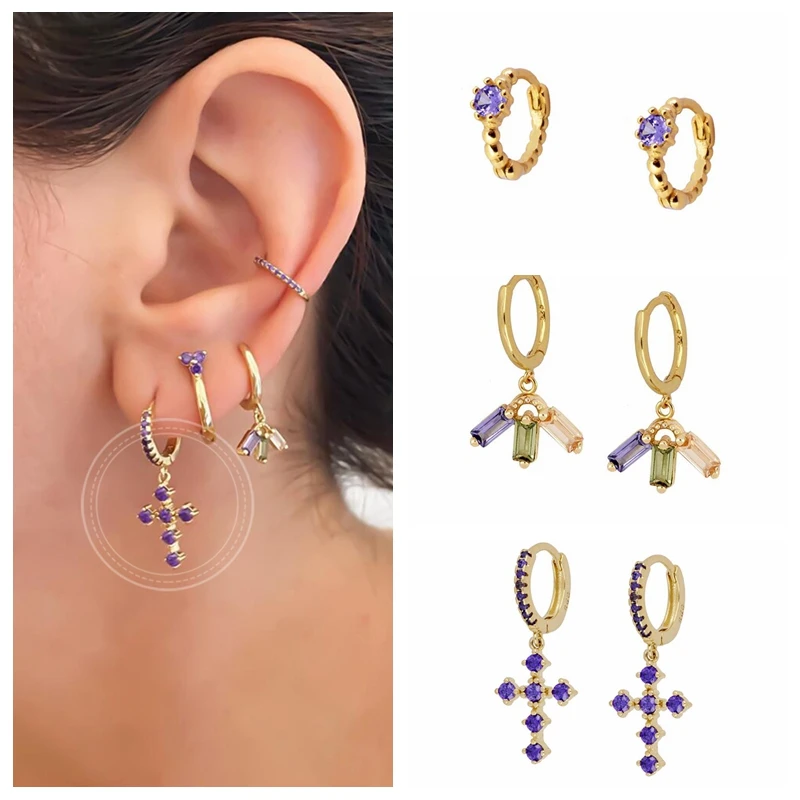 Pendientes de aro de Plata de Ley 925 para mujer, con colgante de Cruz de circonita púrpura/arcoíris, pendientes circulares simples, regalos de joyería 2021