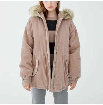 

Winter 2019 Corduroy Thick Warm Parkas Women Autumn Casual Faux Fur Hooded Girls Long Coats Double Pockets Jacket women's jacket