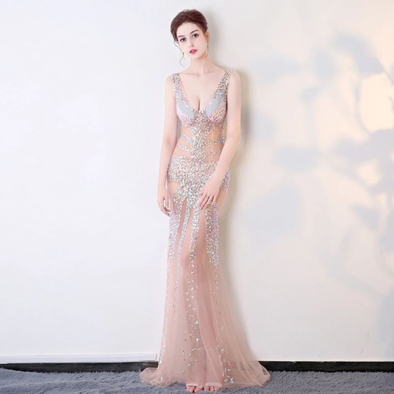Обувь знаменитостей; Соблазнительная со стразами Вечерние вечернее платье длинное платье летняя обувь для ночного клуба из пряжи и тюля с точки зрения! Платье с v-образным вырезом, стройнящее платье - Цвет: Champagne