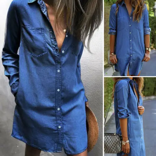 Модные женские синие джинсы джинсовая футболка с длинным рукавом и карманами на