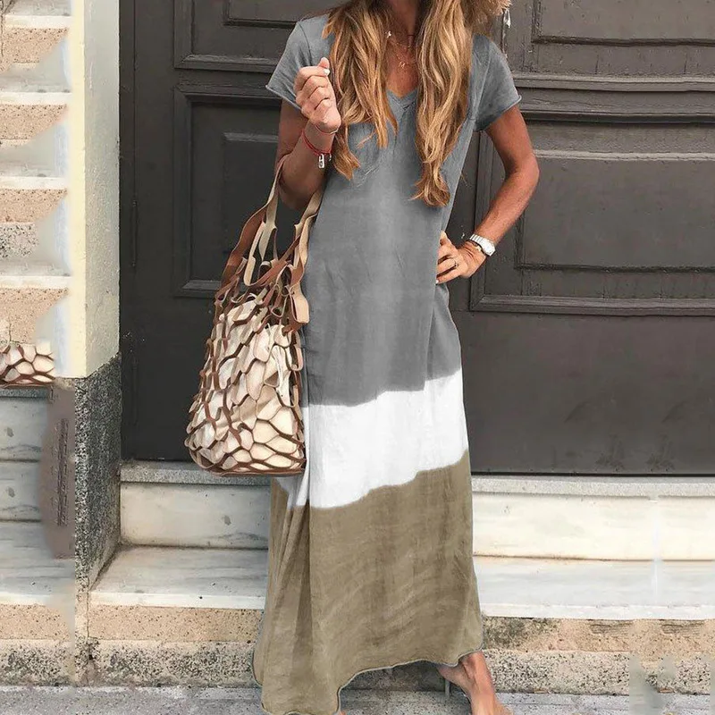 Boho Chic Plus Size Maxi Long Dress Women Casual Loose Color Block Dress Patchwork Short Sleeve Beach Summer Dresses Women