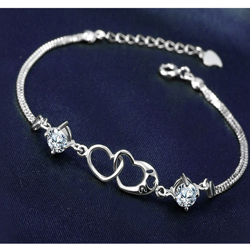 

925 Sterling Silver Bracelet Chain String for Women Jewelry Gifts DropShipping 2020 New Design Brand Zircon Double Heart Design