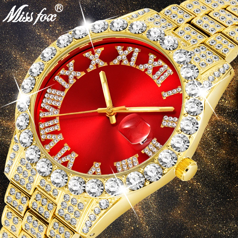 Red Watch Diamond MISSFOX Gold Man Top-Brand Waterproof 18k Luxury Modern Quartz Men