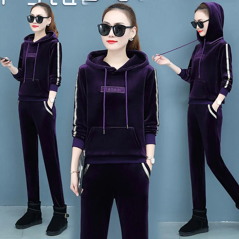 Winter Thick Velour Women Sport Suit Tracksuit Warm Hoodie Sweatshirt+pant Casual Jogger Running Workout Outfit Set Sportswear