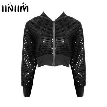 

Womens Fashion Shiny Sequins Crop Top Holographic Coat for Hip-hop Jazz Street Dance Class Stage Performance Adult Dancewear