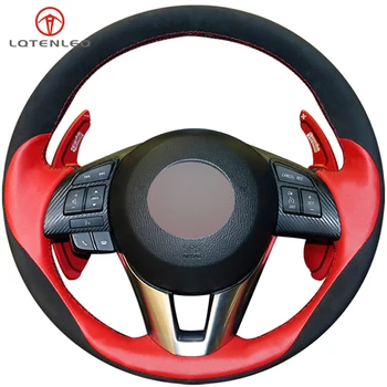 

LQTENLEO Black Suede Red Leather Car Steering Wheel Cover For Mazda 3 Axela 2013-2016 Mazda 2 Mazda 6 Atenza 2014-2017 CX-5 CX5