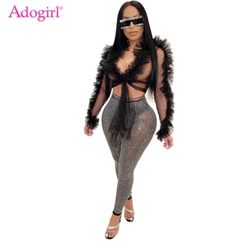 

Adogirl Ruffle Sheer Mesh Crop Top Shirt Front Tie Long Sleeve Short Blouse 2020 New Summer Beach Cover Night Club Tops