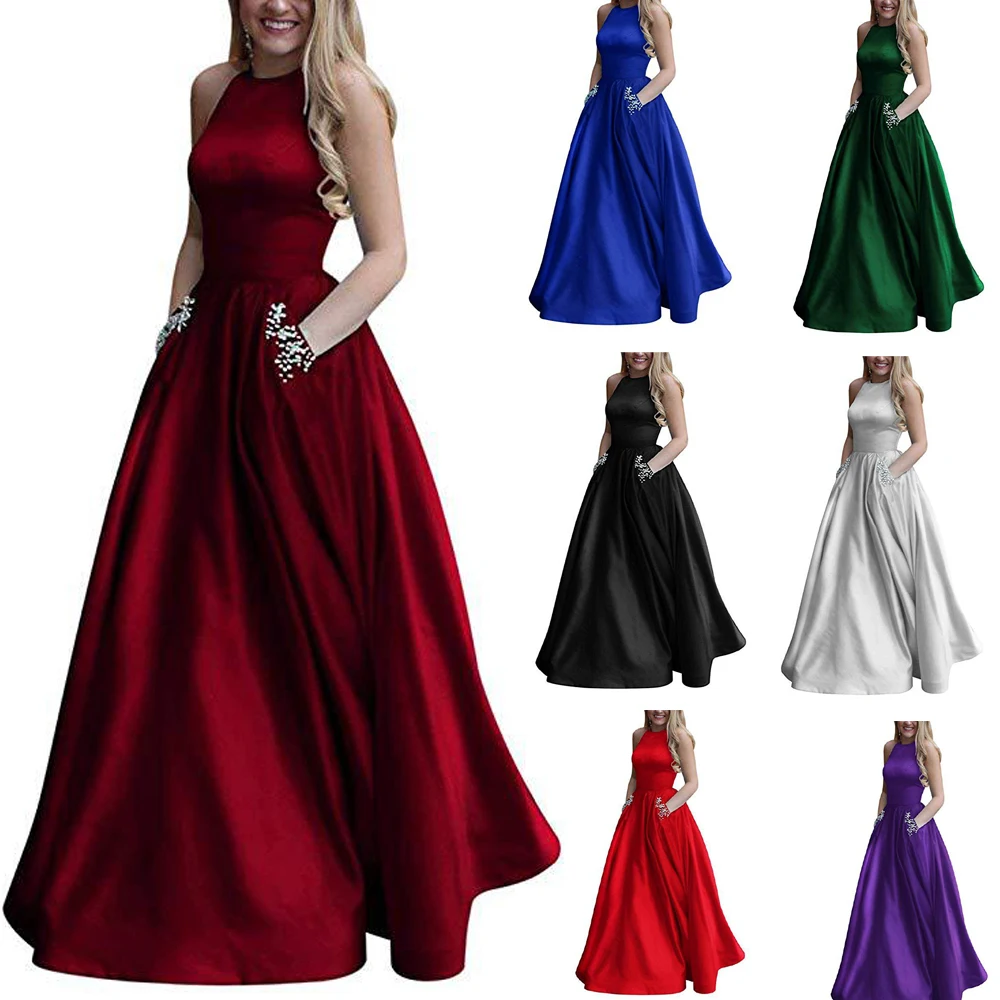 

O-Neck Brugundy Long Evening Dresses Beaded Decoration Satin Girls Party Gowns Floor Length Robe De Soiree