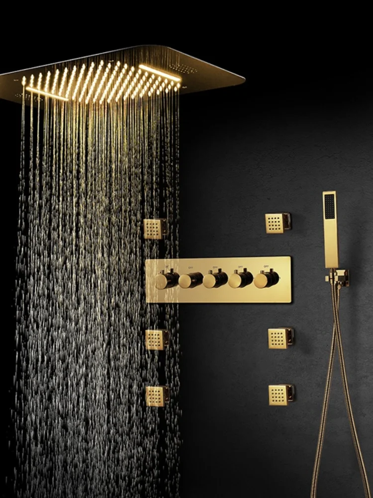 

Ti-PVD Gold Shower Systems Bathroom Faucets Rain Shower Set Music LED Shower Head Thermostatic Brass Concealed Mixer