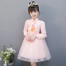 Детские платья Ципао с вышивкой павлина; Новогодние рождественские праздничные костюмы в китайском стиле; элегантное платье из тюля; От 3 до 12 лет платье принцессы