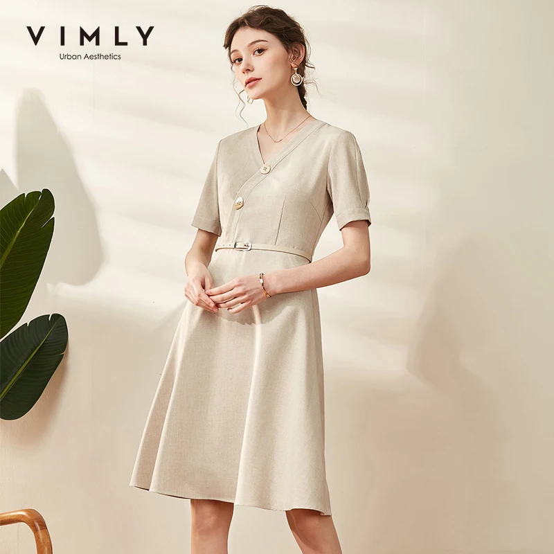 Vimly 2020 летние женские платья с V образным вырезом элегантное офисное женское платье на пуговицах коротким