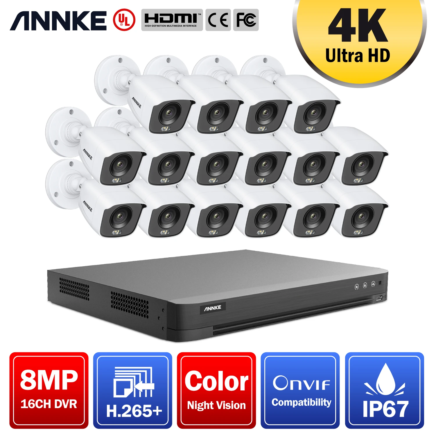 Система видеонаблюдения ANNKE E1600 4K Ultra HD 16 каналов DVR 8 МП | Безопасность и защита