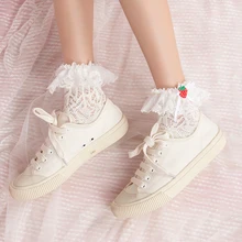 Японские Женские носки с бантиком, Клубничные кружевные носки, дышащие хлопковые носки, Лолита, милая девушка