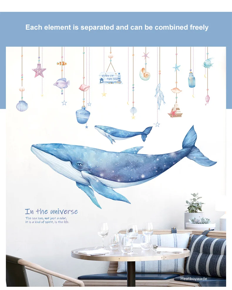 Cartoon Coral Whale Wall Sticker for Kids rooms Nursery Wall Decor Vinyl Tile stickers Waterproof Home Decor Wall Decals Murals