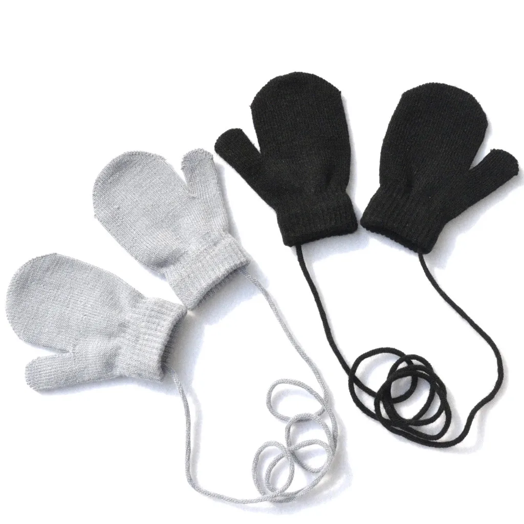Зимние теплые однотонные вязаные милые перчатки с веревочками, перчатки для велоспорта, альпинизма, уличные Перчатки, варежки, перчатки для детей ясельного возраста