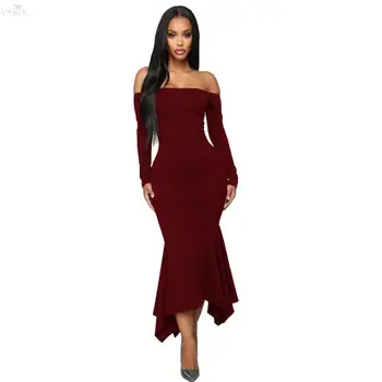

Women Spring Maxi Dress Long Sleeve Slash Neck Solid Trumpet Mermaid Sexy Dress Night Clubwear Party Dress Elegant Bandage Dress