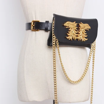 

2020 Designer Metal Punk Dragon Waist Packs Hiphop Street PU Leather Large Size Waist Belts Phone Bag Gold Chain Messenger Bag