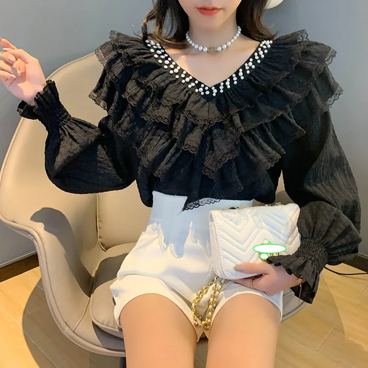 Spring Fall Korean Style Blouse Fashion Sexy Beading Patchwork Lace Ruffles Women Tops Ropa Mujer Flare Sleeve Shirt New plus size blouses