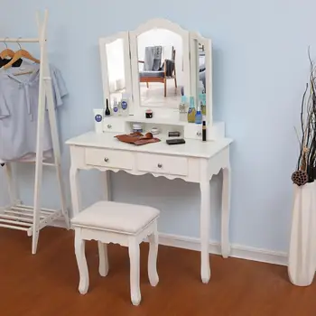 

Home Furnitures Makeup Dressing Table With Stool 4 Drawers 3 Mirrows With Cushioned Stool Bedroom Set Fast Shipping HWC