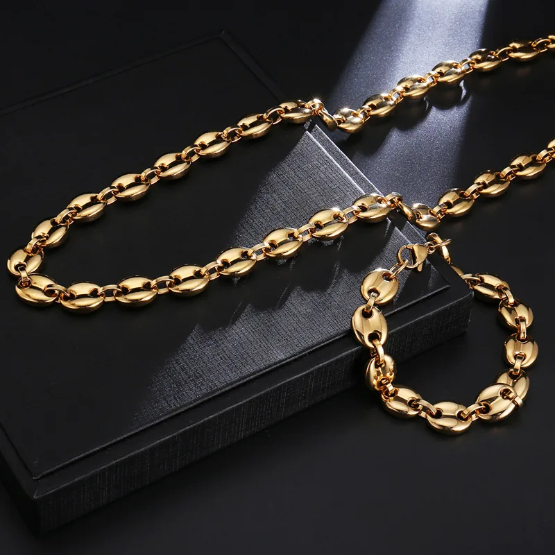 

New Men Retro Stainless Steel Gold Plated Coffee Bean Chain Necklace Bracelet Set Hip Hop Jewelry Gift