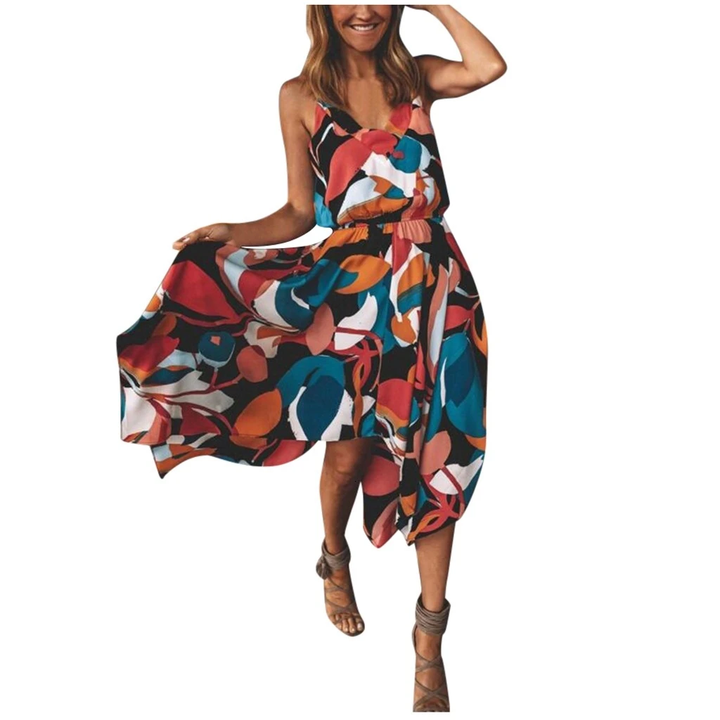 

Summer Beach Dresses Womens Sexy Sleeveless Print Irregular Hem V Neck Split Blackless Long Dress Holiday Party Ladies Dresses