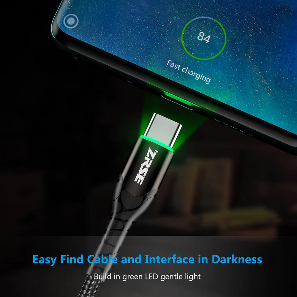 ZRSE светодиодный кабель usb type C 3M 2 м USB-C кабель передачи данных для быстрой зарядки телефона зарядное устройство Шнур для Xiaomi Redmi Note 8 7 huawei P30 Pro P20