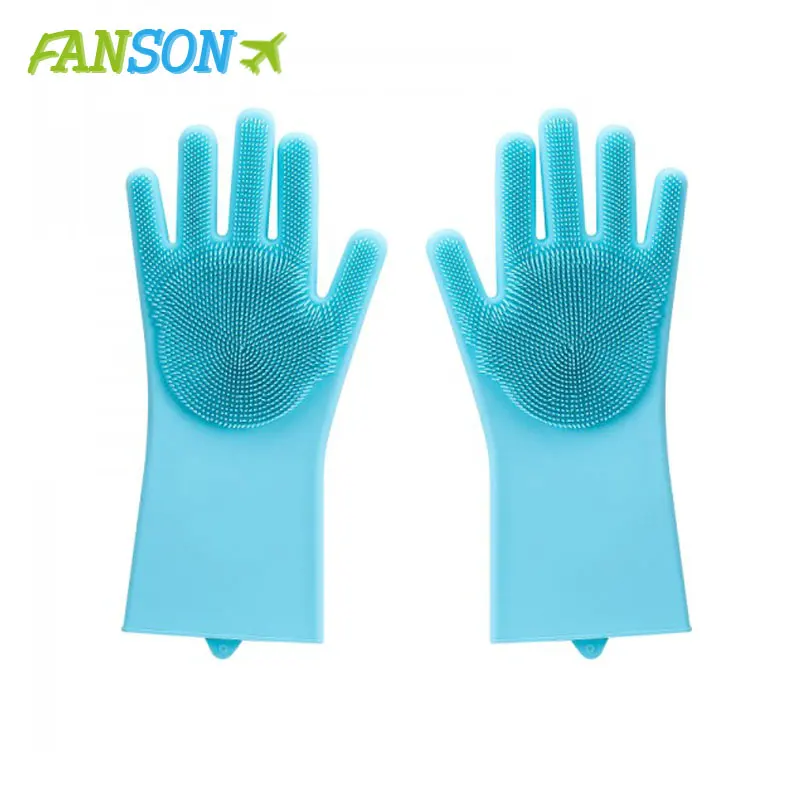 FANSON 1Pcs Silicone Dishes Washing Glove with Cleaning Brush Kitchen Housekeeping Washing Glove Food Grade Dishwashing Gloves - Цвет: Синий