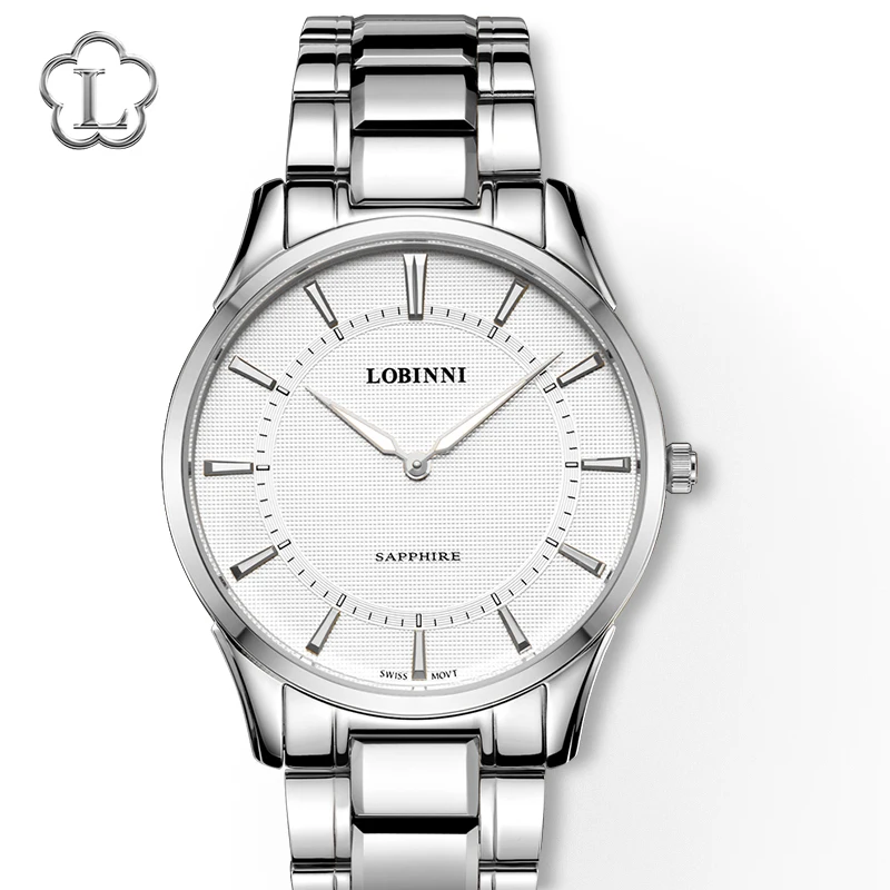 Швейцарские наручные часы LOBINNI, мужские часы, Чайка, Япония, Citizen, кварцевые часы, сапфировые, синие, Роскошные, relogio masculino - Цвет: Silver-White