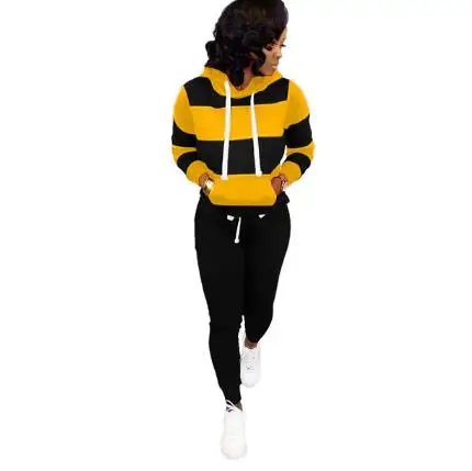 Winter Women's set Tracksuit Full Sleeve Hoodied Sweatshirt Pockets casual Pants Suit Two Piece Set Outfits sweatsuit - Color: Yellow