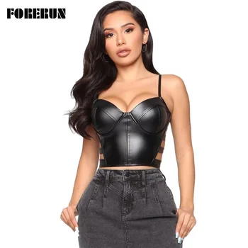 

FORERUN Summer Leather Top Women Sexy Cami Spaghetti Strap Crop Tops Black T Shirt Hollow Out Bandage Poleras Mujer De Moda 2020