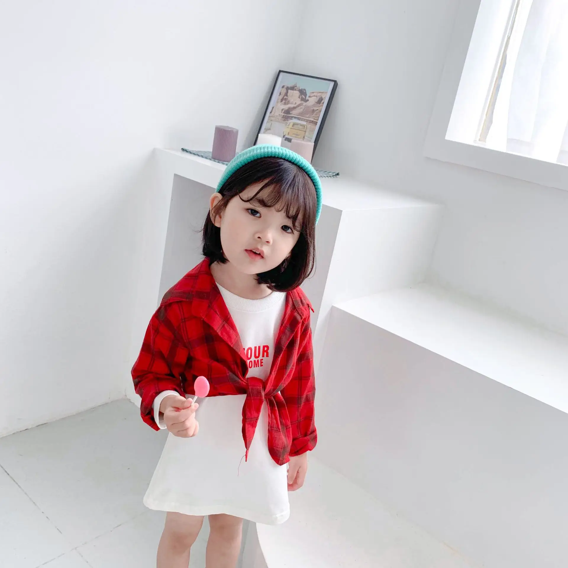 

Korean-style Spring And Autumn Girls Baby Set Children Checkered Two-Piece Set a Generation of Fat