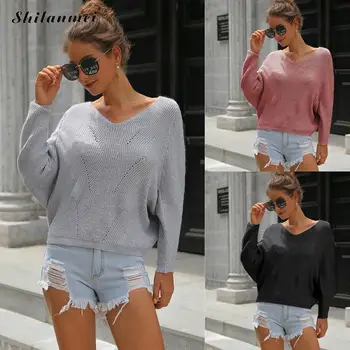 

Autumn Winter Ladies Sweater Casual Loose Sweater Pull Femme Grey V Neck Sweaters Women Batwing Sleeve Knitted Pullover Women
