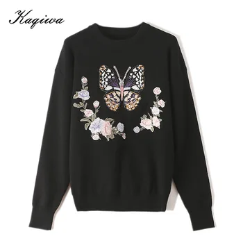 

Winter new Korean Butterfly Embroidery knitted pullover women's round neck shoulder women's long sleeve letter bottomed sweater