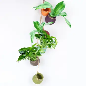 

6PCS Mini Color Flowerpot Rope String Cylinder Succulent Ceramic Hanging Bowl Basket Wall Hanging Lazy Flower Pot