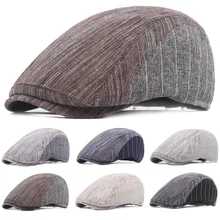 Мужская Женская кепка Newsboy, регулируемый полосатый берет, льняная хлопковая кепка от солнца для вождения