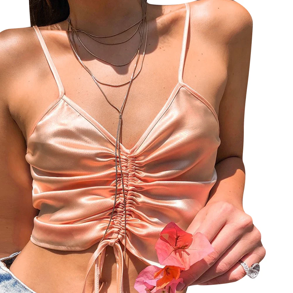 

Women´s Sexy Camisole Casual Vest Ruched Drawstring Front Sleeveless V Neck Crop Tops