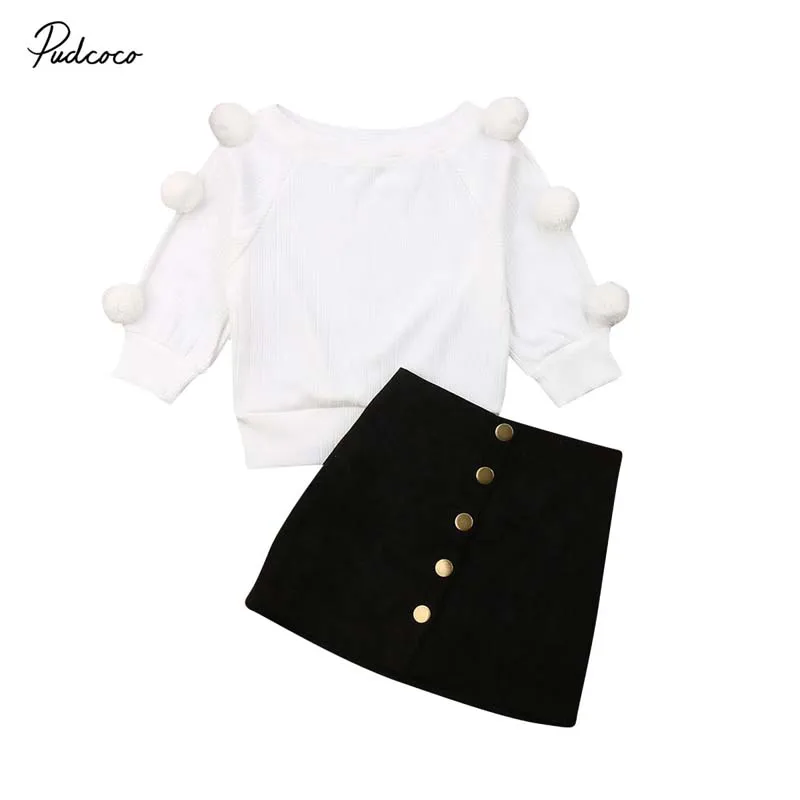 

2019 Brand Toddler Baby Kid Girls Hairball Knit Tops White Solid Sweater+Button Mini Skirt Warm Outfits Sets Autumn Fashion 2Pcs