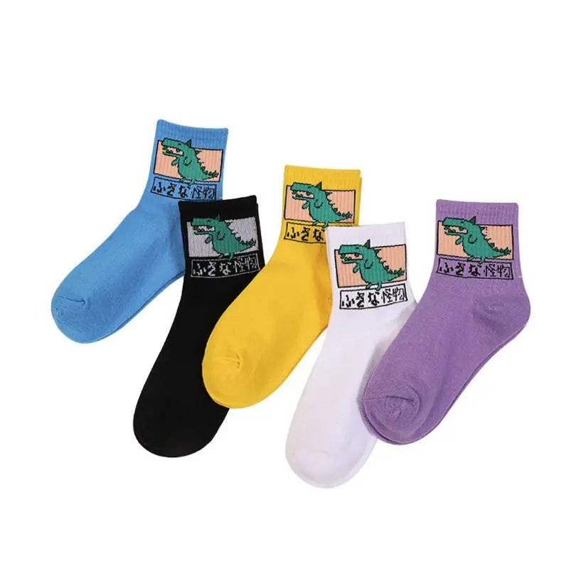 5 пар, женские забавные длинные носки Harajuku, носки скейтборд с рисунком динозавра, 40JF