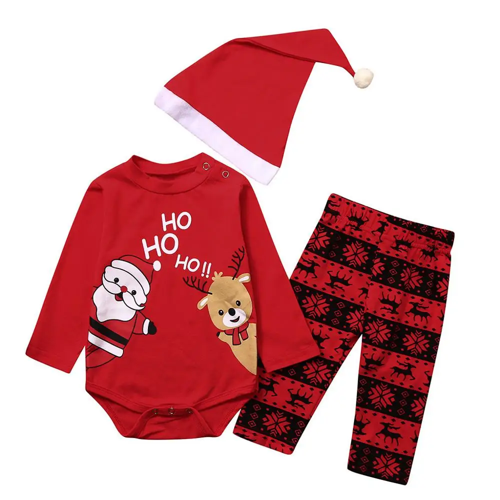 My first christmas/комплект из 3 предметов для маленьких мальчиков и девочек, комбинезон с длинными рукавами и изображением Санта-Клауса, боди+ штаны с рисунком+ шапочка, bebek