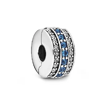 

New 925 Sterling Silver Moments Pave Crystal Blue Sky Clip Charms Fit Original Pan Bracelet For Women DIY Jewelry Beads
